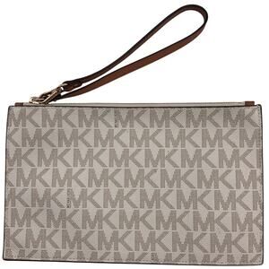 Michael Kors Cream Brown Signature Jet Set Zip Pouch Wristlet Purse Insert Bag